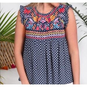 THML Embroidered Blouse Women's Sleeveless Navy‎ Blue Colorful Floral Boho Top